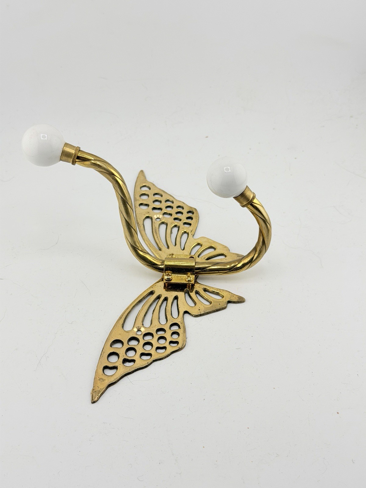 NOS Vintage Brass Butterfly Double Wall Hook White Ball Taiwan gallery