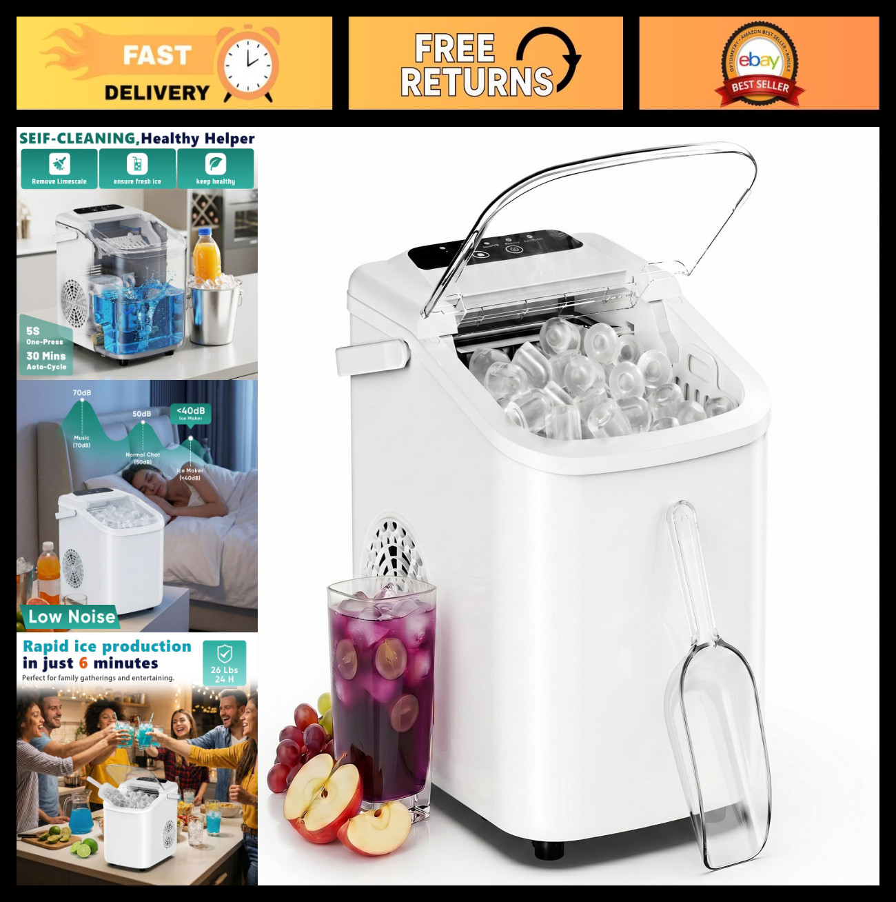 Portable Countertop Ice Maker - 9 Cubes in 6 Mins, 26.5lbs/24Hrs, Scoop & Basket gallery