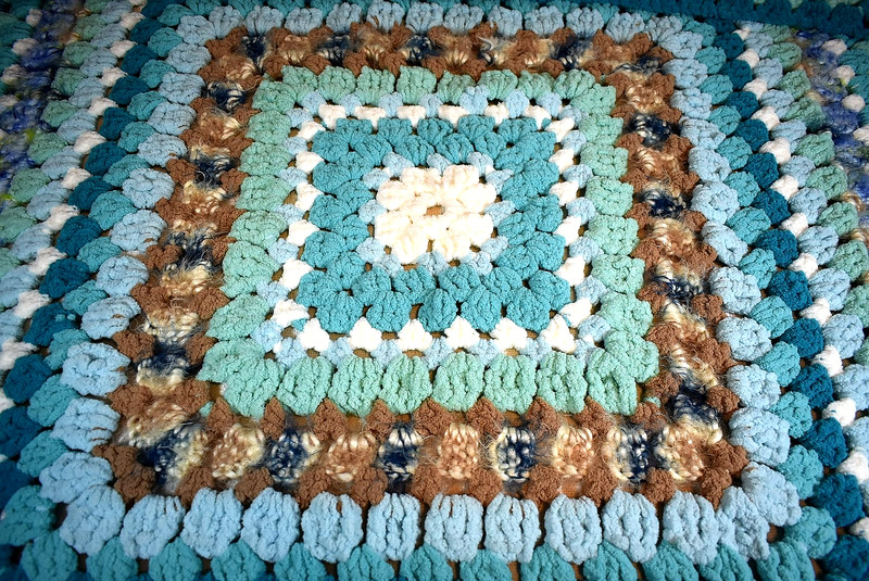 Handcrafted, Crocheted Square Afghan, Chunky Blue Brown, White & Teal- 44" x 42" gallery