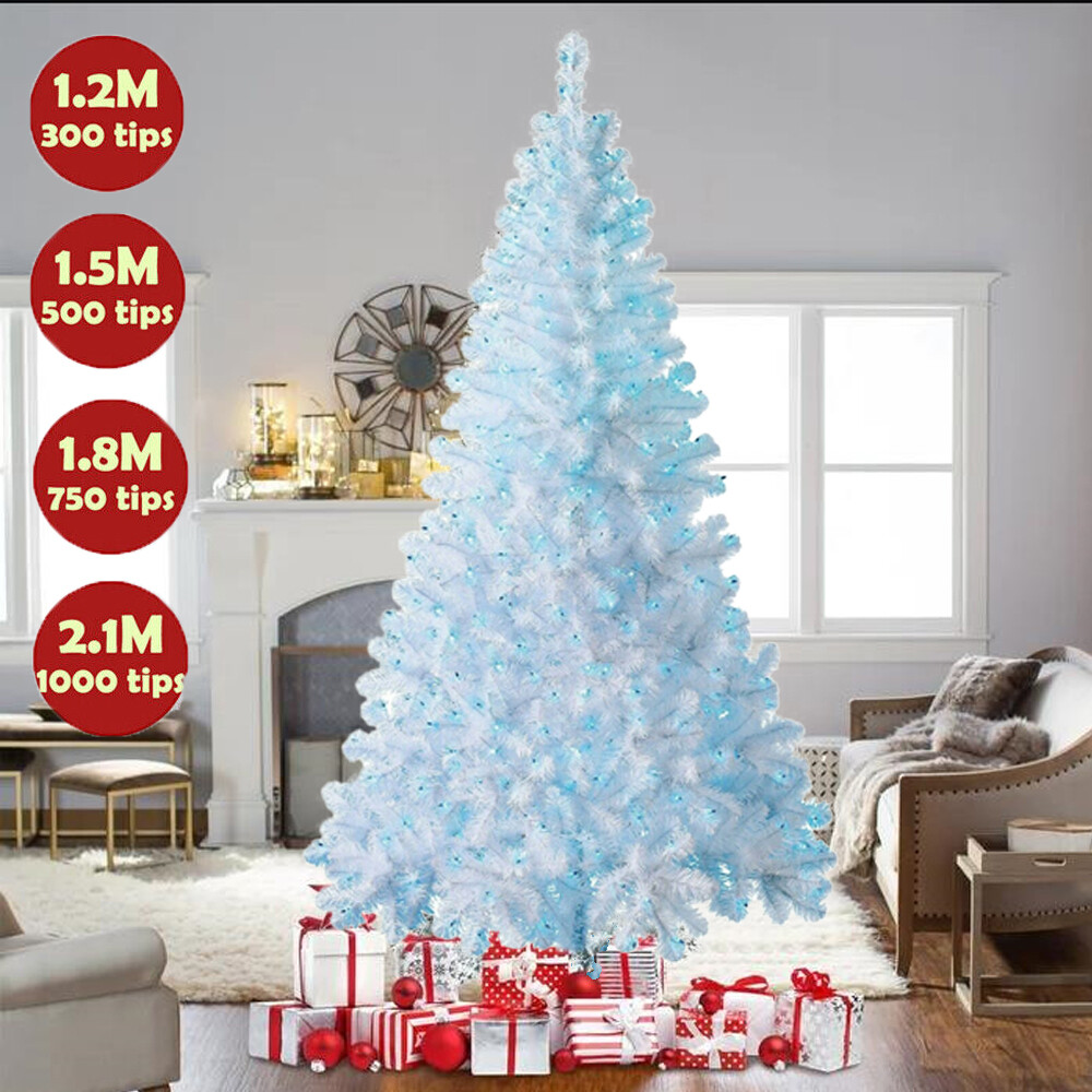 4ft/5ft/6ft/7ft White Christmas Tree Bushy With Blue LED Lights Pine Decor US gallery