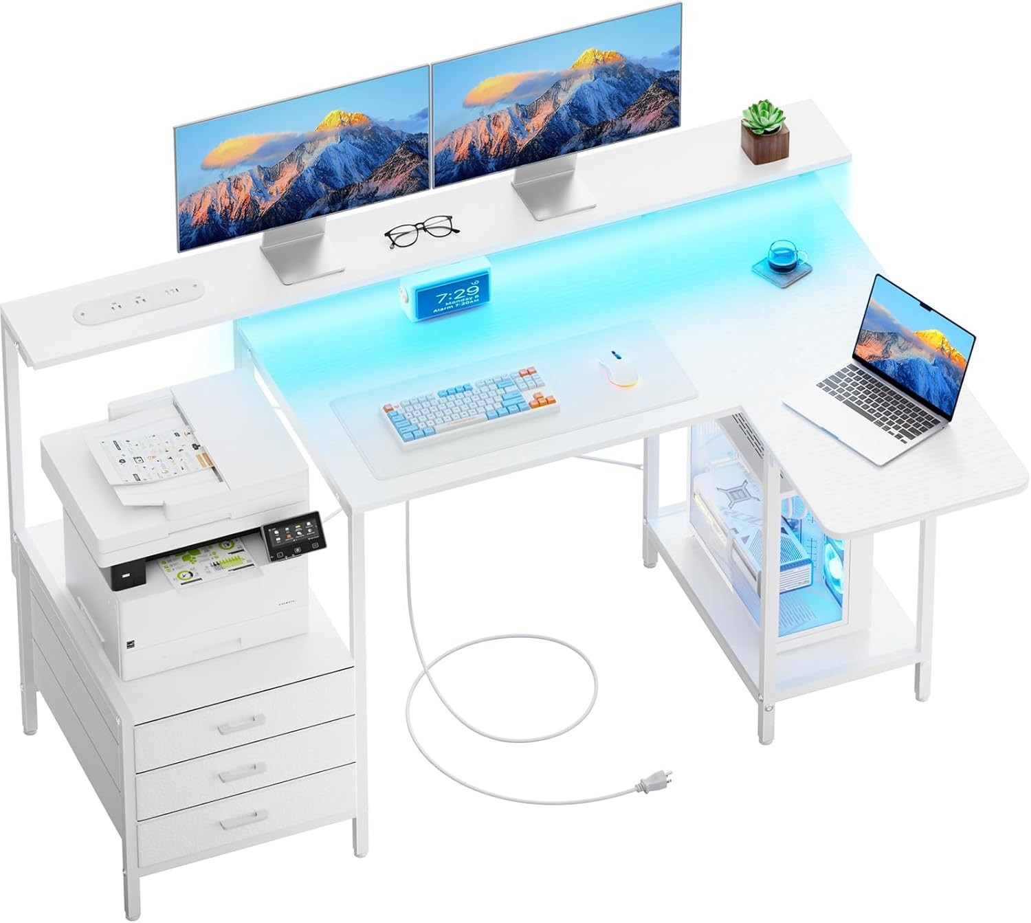 55 inch Computer Desk with Led Lights, Power Outlets & Shelves, Home Office Desk gallery