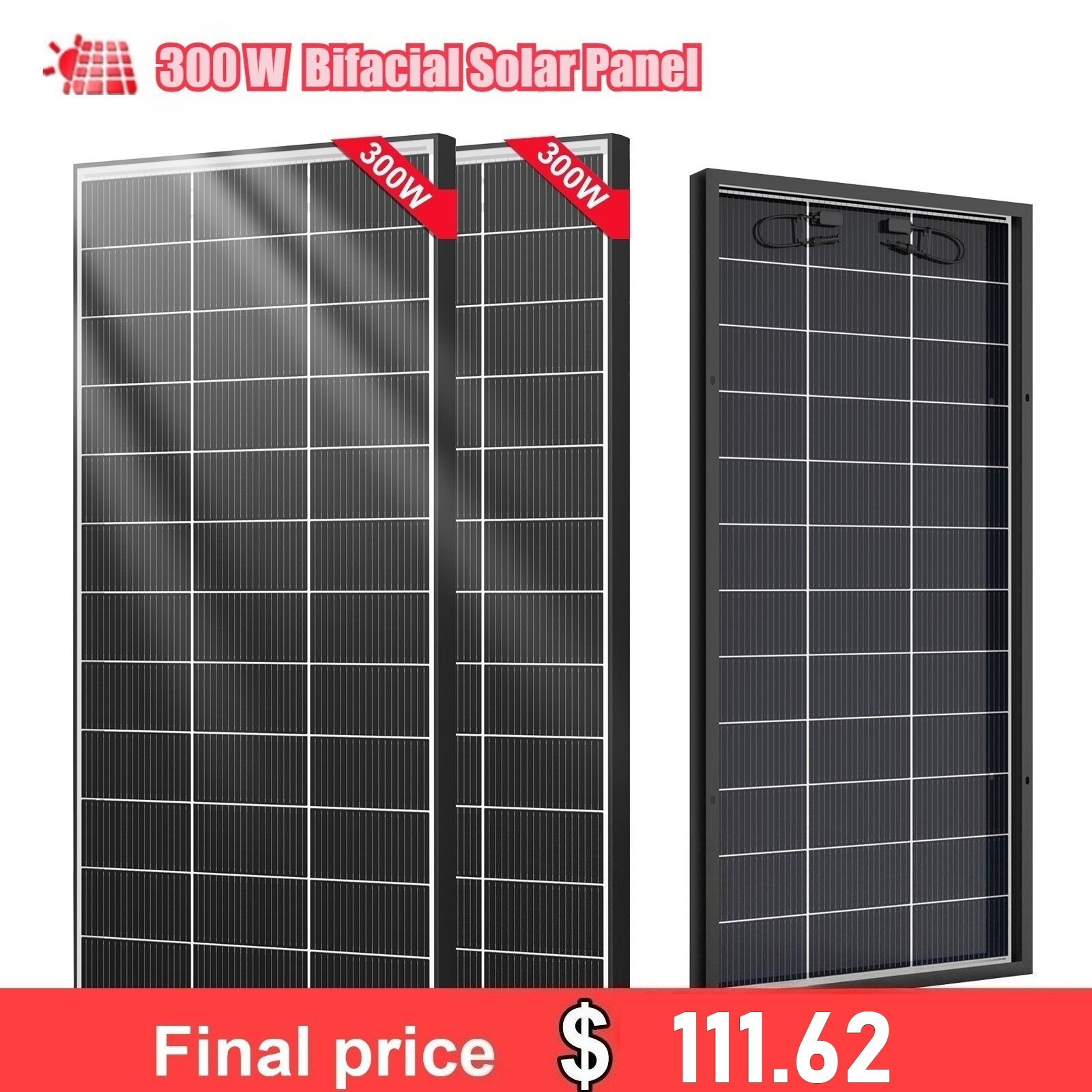 300W (600W) Bifacial N-Type Solar Panel Mono 12/24V Charging Camping Off-Grid RV gallery
