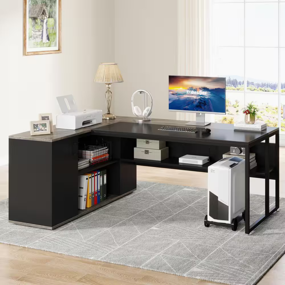 Lanit 71 In. L-Shaped Gray Black Engineered Wood Office Computer Executive Desk gallery