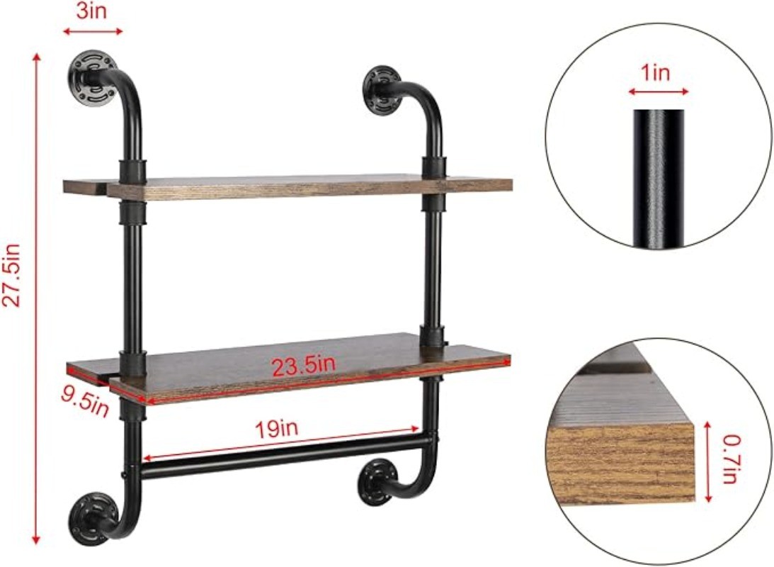 Industrial Pipe Floating Shelf 2-Tier Wall Mount Bathroom Towel Bar Storage gallery