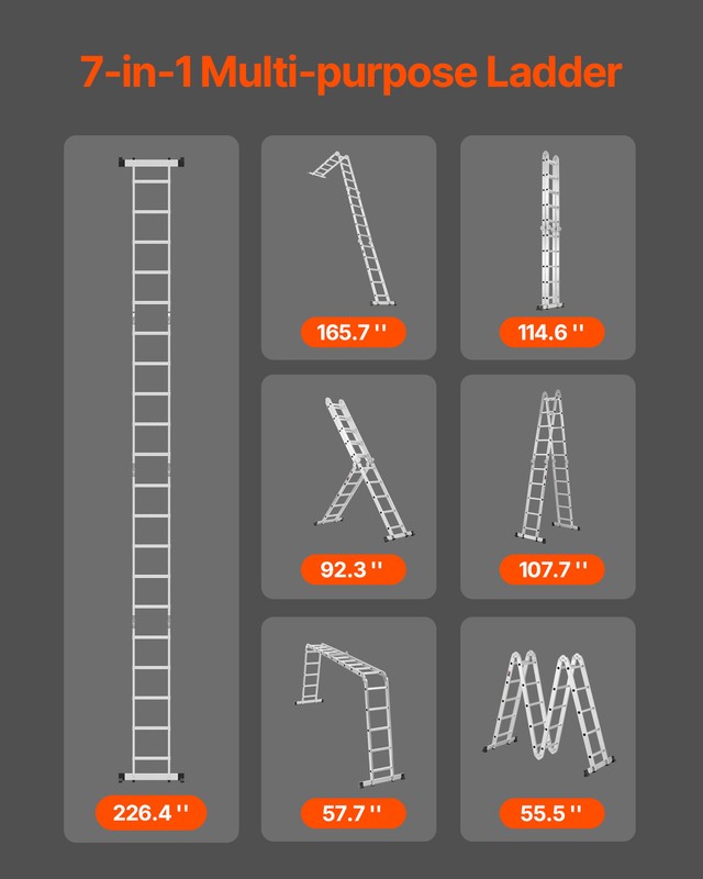 VEVOR Multi-Purpose Folding Ladder 7-in-1 5 Step 19ft Reach Height Metal gallery