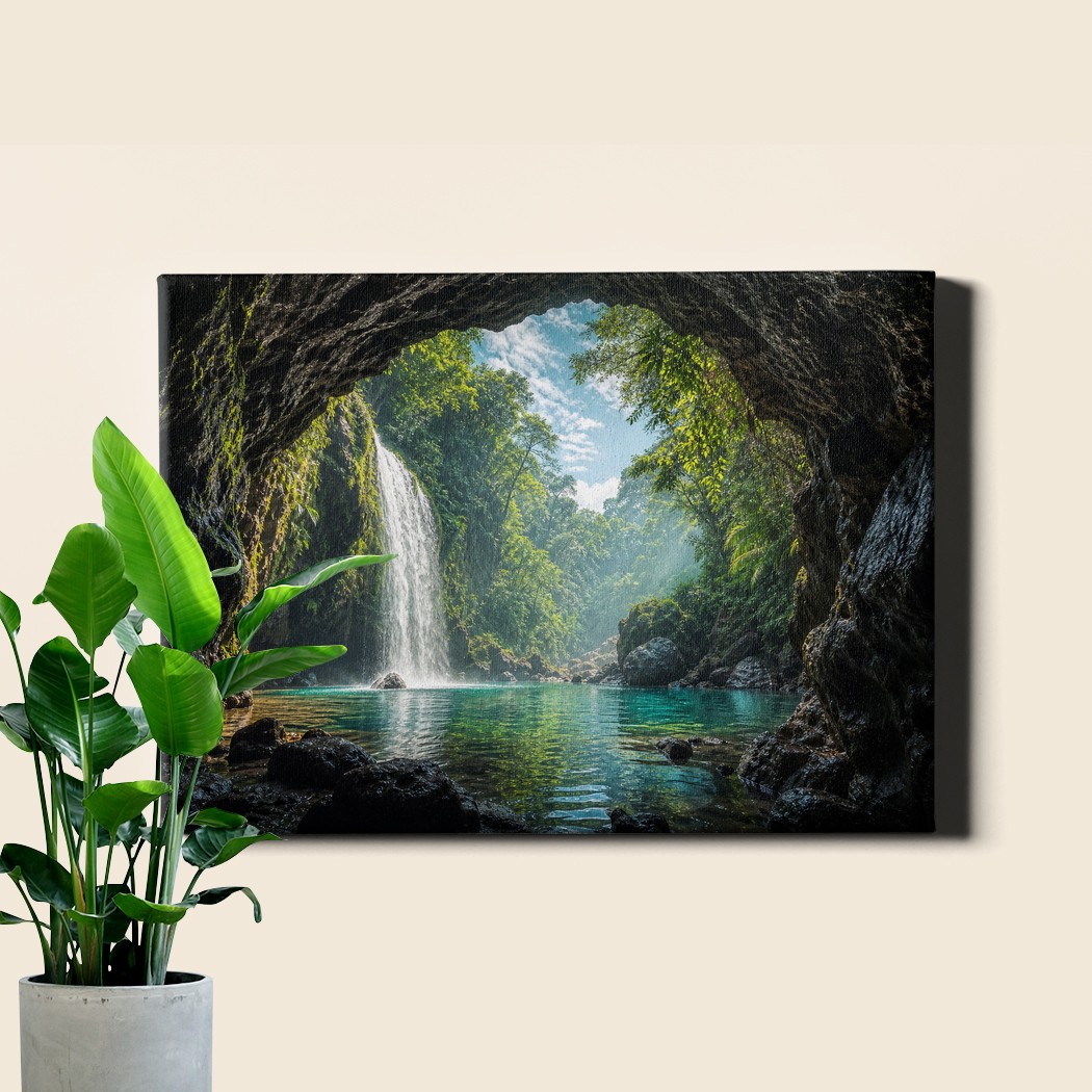 Tropical Jungle Cave Waterfall Poster Print Lush Green Landscape gallery