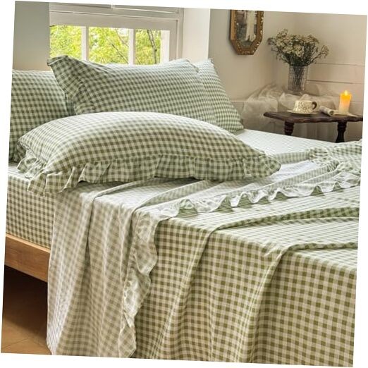 Ruffle Sheet Set, Green Soft Pre-Washed Microfiber Twin Sage Green Gingham gallery