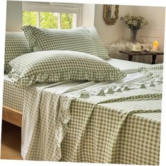 Ruffle Sheet Set, Green Soft Pre-Washed Microfiber Twin Sage Green Gingham
