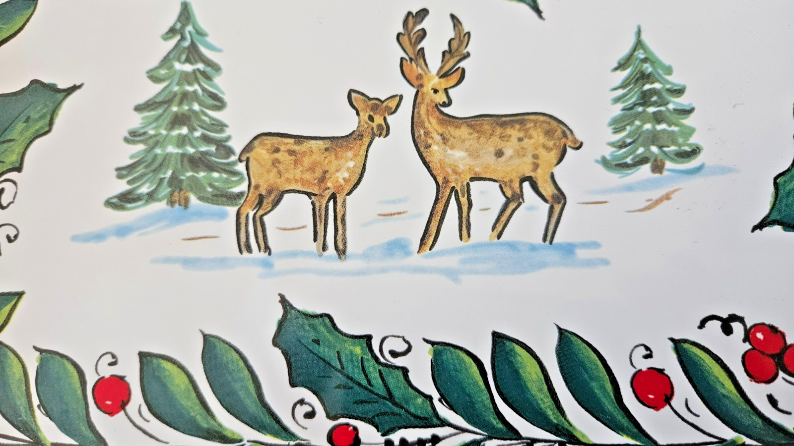 Nova Deruta 12" Italian Ceramic Serving Tray Deer Trees w/Holly trim 12" x 9" gallery