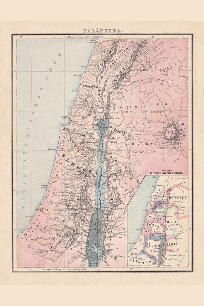 Palestine with Twelve Tribes Israel Historical Antique Style Map Poster 12x18 gallery