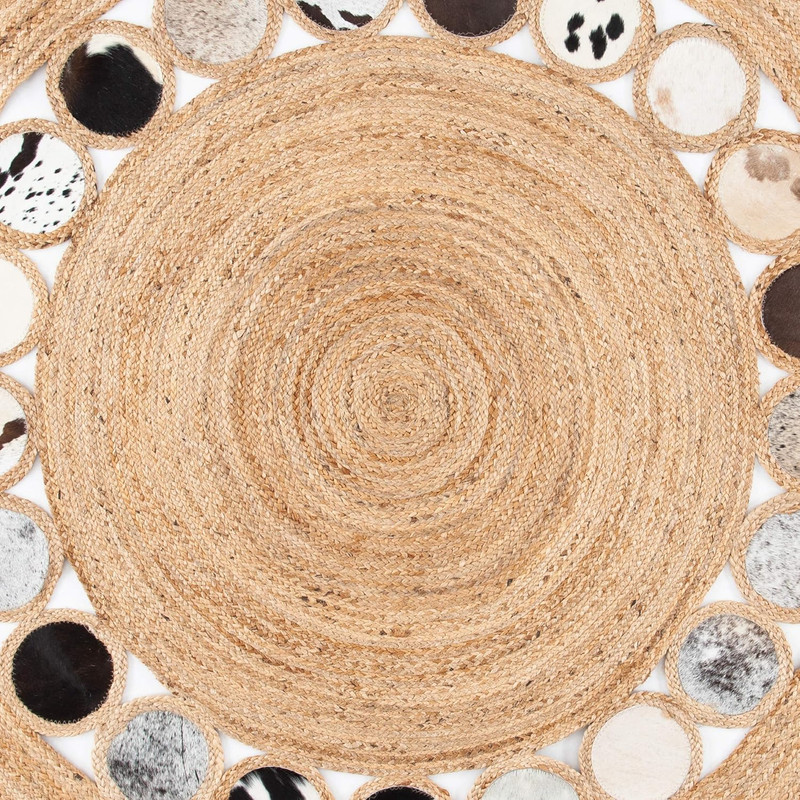 Handmade 6' Beige & Silver Boho Jute & Leather Round Area Rug gallery