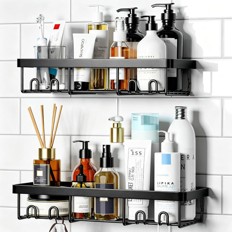 Wall Mounted Shower Caddy Shelf Organizer Black Adhesive Bathroom Storage Rack gallery
