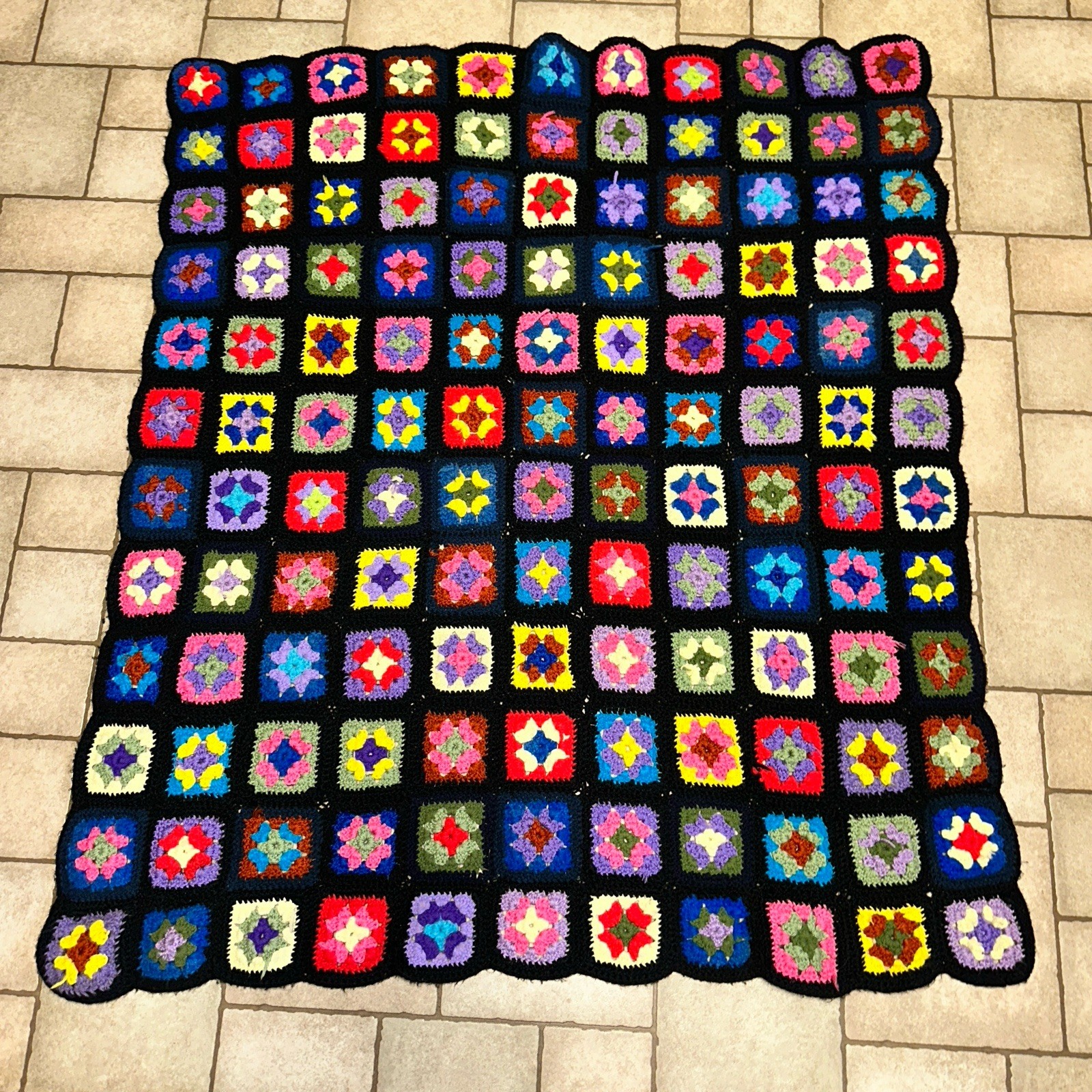 Vtg Handmade Granny Square Afghan Quilt Throw Blanket Crochet Boho Lap 49x41 gallery