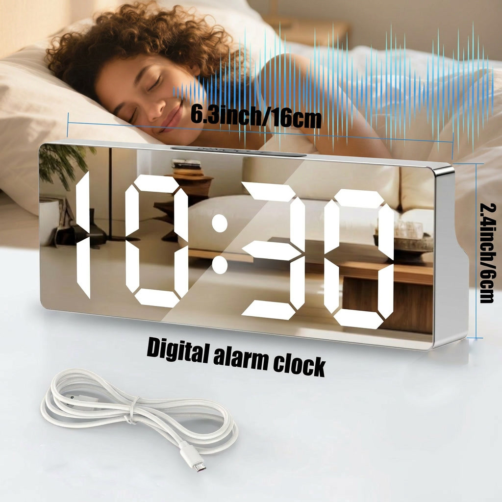 LED Mirror Alarm Clock with USB Charging Por Snooze Function for Bedroom Desk gallery