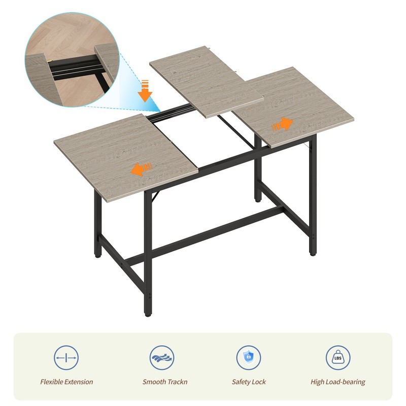 5 Piece Extendable Dining Table Set Wood Tabletop Steel Frame 2 Benches 2 Stools gallery