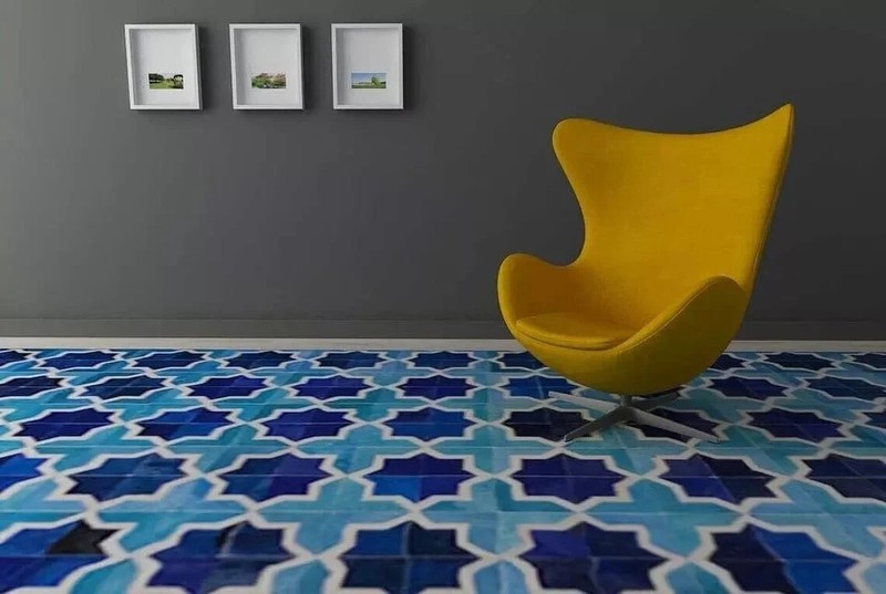 Genuine Leather Patchwork Rug Blue Geometric Moroccan Cowhide Area Rug Modern Ca gallery