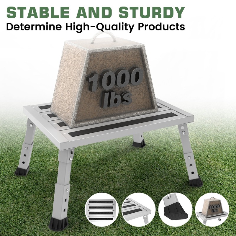 Adjustable Height Aluminum RV Step, Stable Foldable Platform Step Stool,Silver gallery