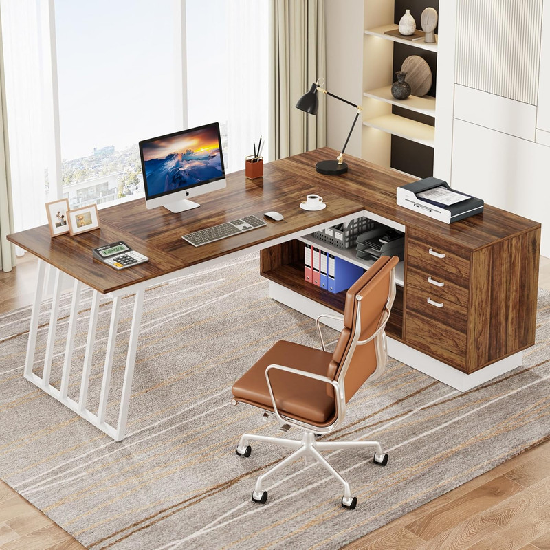 71-Inch Executive Desk, L-Shaped Desk with Cabinet, Large Office Desk with Drawe gallery
