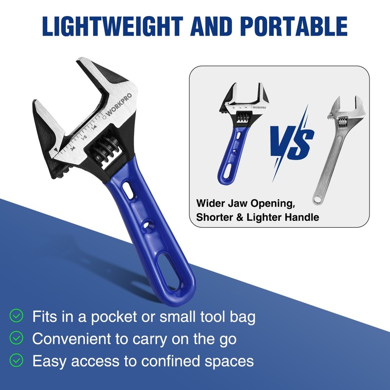 WORKPRO 4-inch Stubby Adjustable Wrench Extra Wide Jaw Opening Wrench Metric/SAE gallery