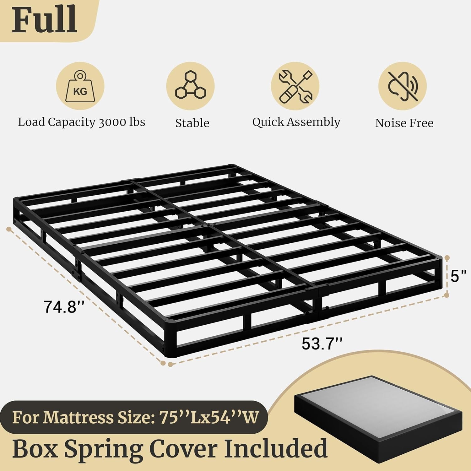 Full Size 5-Inch Low Profile Box Spring, Heavy Duty Metal Mattress Base gallery