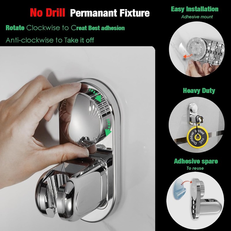 Handheld Shower Head Holder - 5 Positions Adjustable + 90° downwards - Adhesive gallery