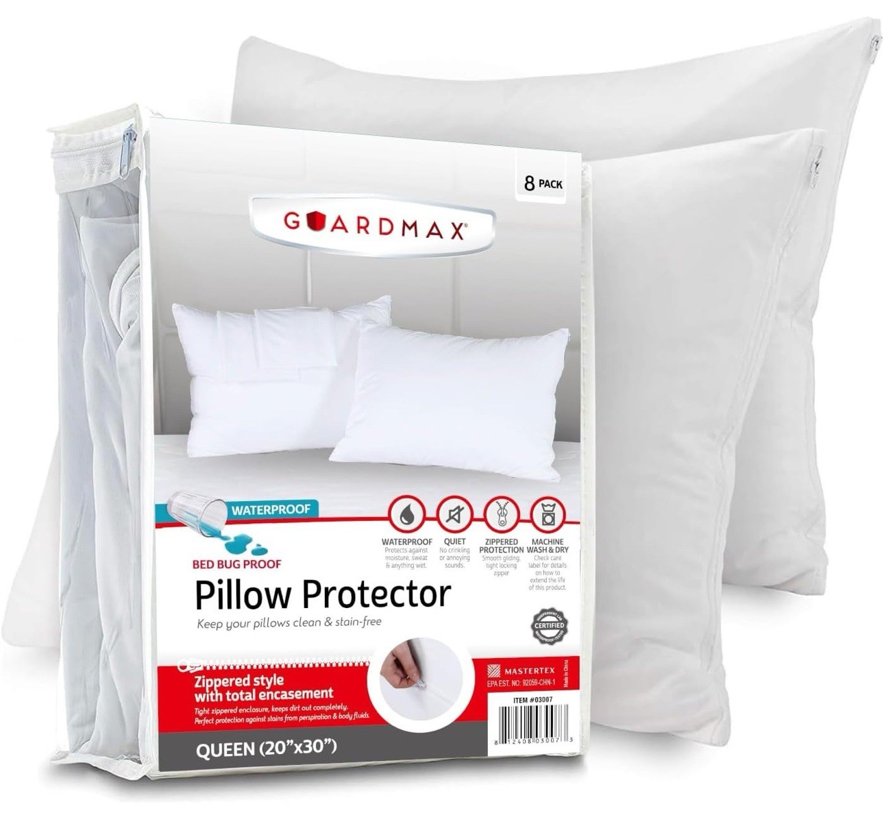 Guardmax 8 Pack Queen Pillow Protectors Jersey Knit Waterproof Zip 20x30” White gallery