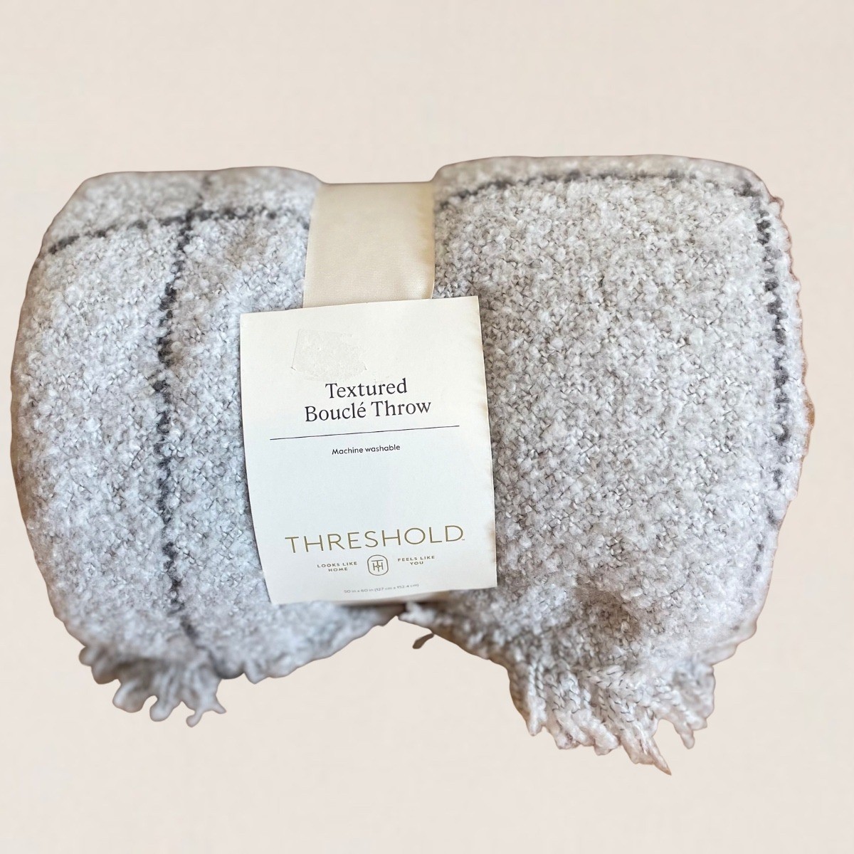 Threshold Grey Windowpane Textured Boucle Throw Blanket with Fringe 50x60 NEW gallery