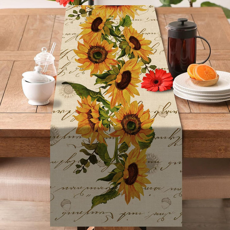 Fall Sunflowers Table Runner, Vintage Spring Summer Flower Home Kitchen Dining D gallery