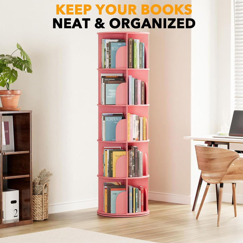 Pink 5-Tier Rotating Bookshelf Tower - 360° Spinning Bookcase Organizer gallery