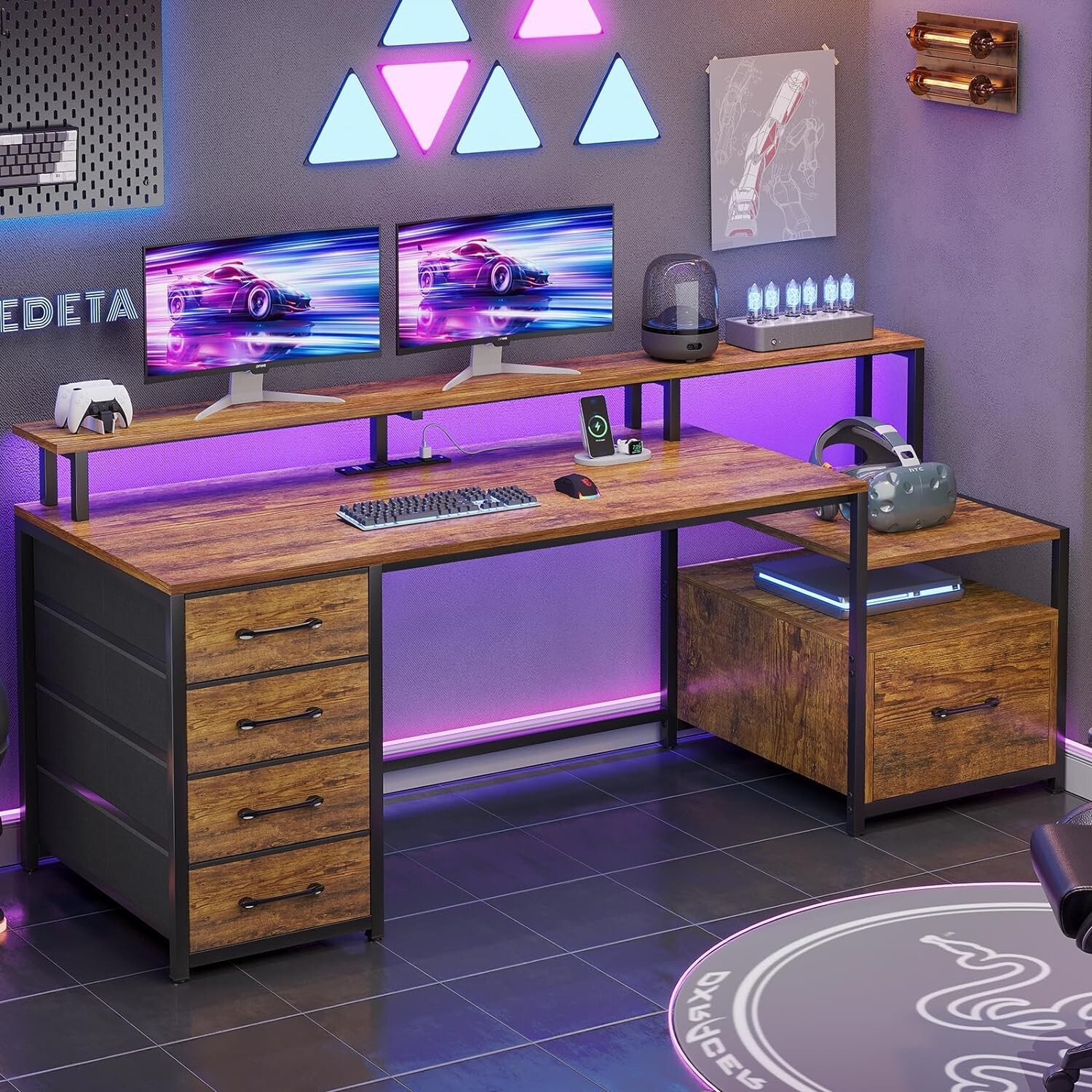 66'' Computer Desk with Led Lights&Monitor Shelf, Home Office Desk w/File Drawer gallery