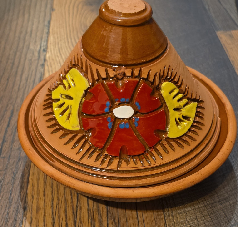 Hand-Painted Ceramic Terracotta Tagine, Brown Red Yellow, Base Pan & Lid