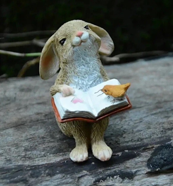 Bunny Rabbit Reading Book Figurine Miniature Fairy Garden Decor Resin Statue gallery