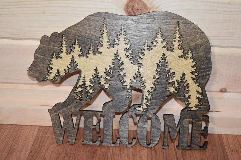 ​Rustic Bear with Wilderness Welcome Sign Laser Cut Dark Walnut and Golden Oak gallery