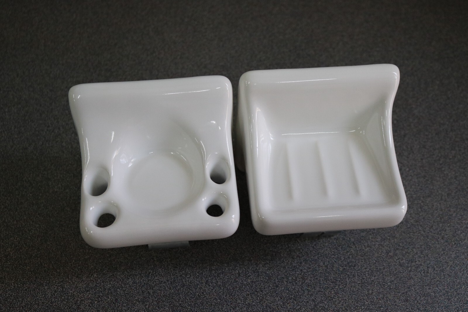 ACP Flat-Back Glossy White Ceramic Soap Dish & Toothbrush Holder Bathroom Set gallery