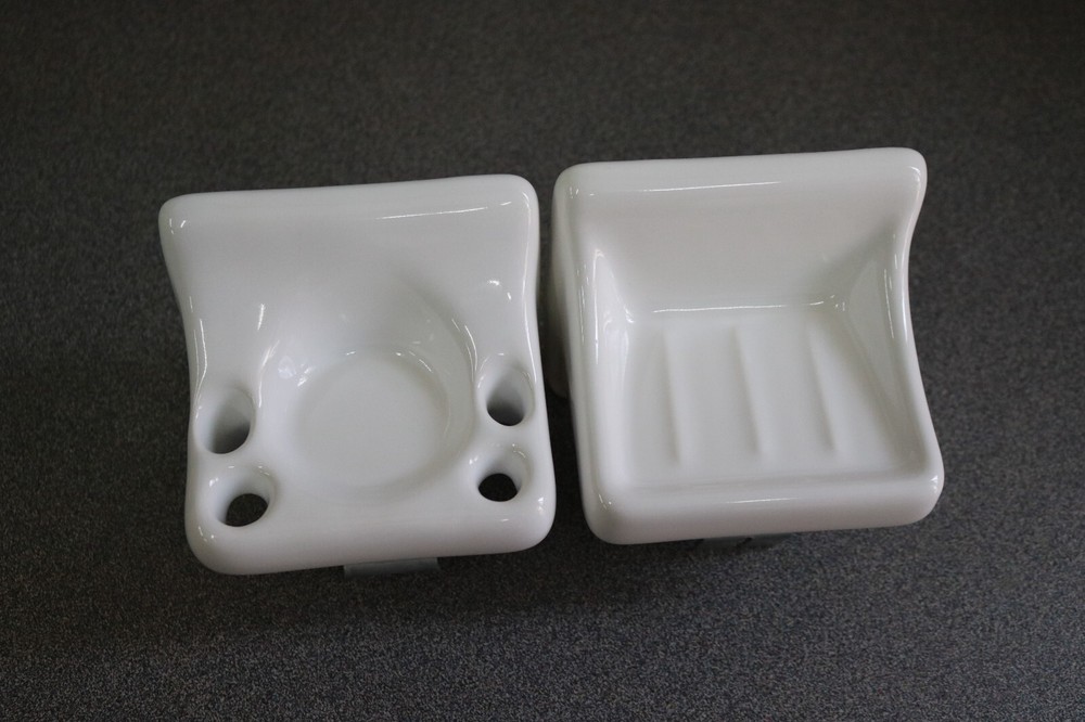 ACP Flat-Back Glossy White Ceramic Soap Dish & Toothbrush Holder Bathroom Set