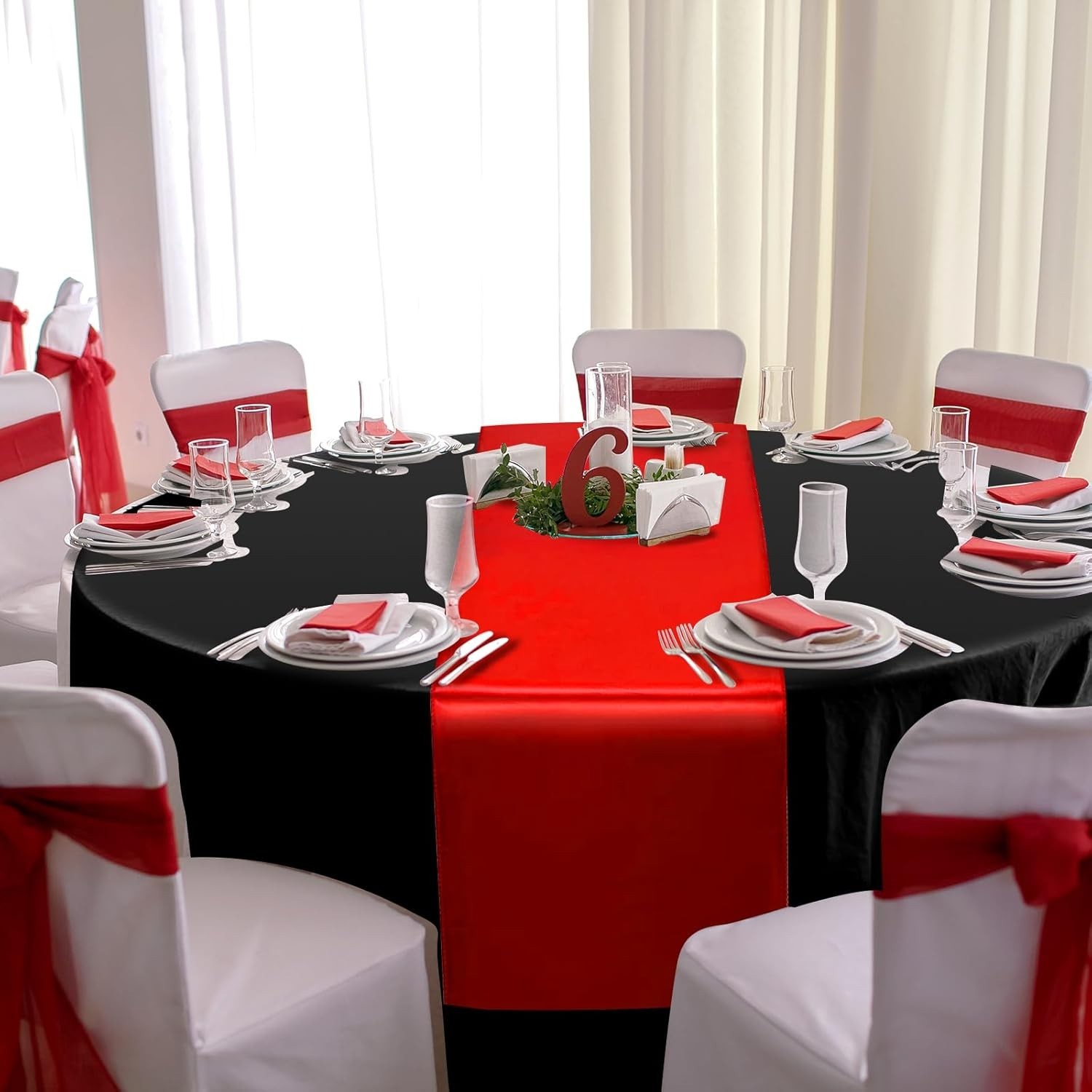 12Pack 12x108 Inch Satin Table Runner and 84 Inch Round Plastic Tablecloths S... gallery