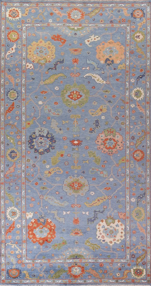 All-Over Pattern Blue Floral Oushak Oriental Rug 8x16 Handmade Wool Carpet