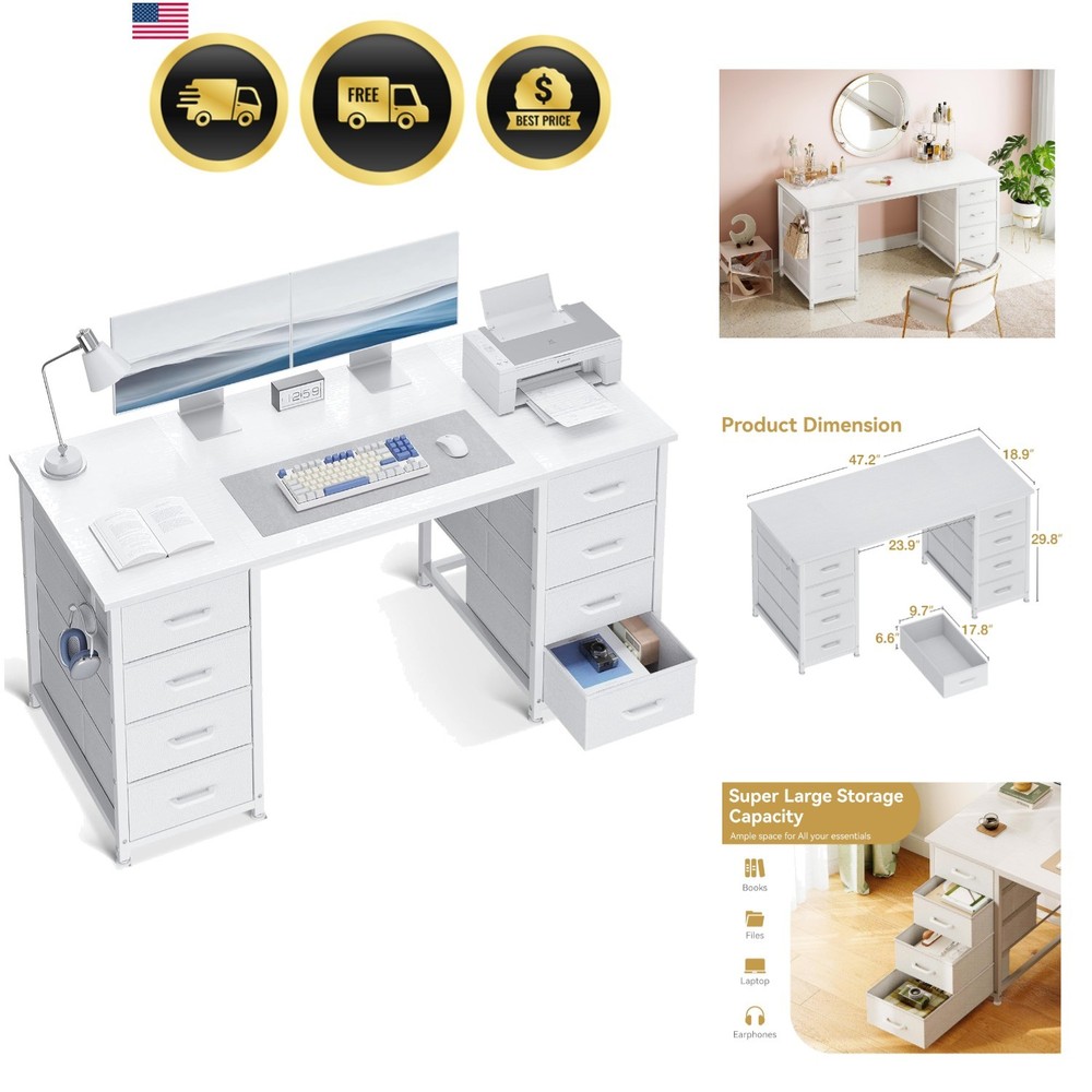 48 Inch Modern White Computer Desk with 8 Drawers & Stylish Headphone Hook
