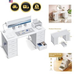 48 Inch Modern White Computer Desk with 8 Drawers & Stylish Headphone Hook