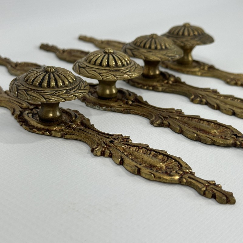 Vintage Solid Brass Cabinet Knobs w Backplate Set 4 Spain Baroque Rococo gallery