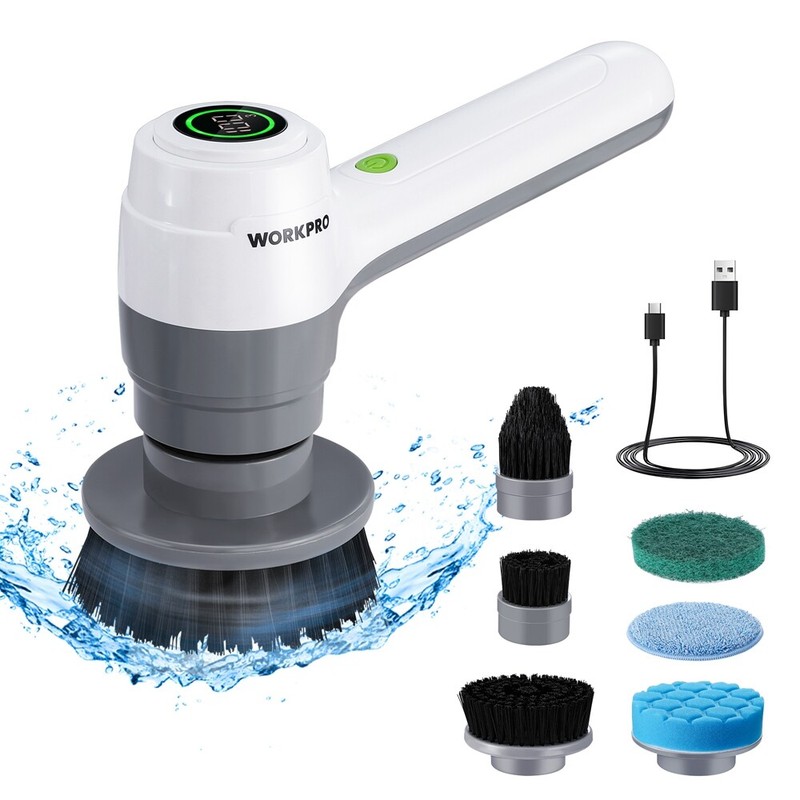 WORKPRO 8V Electric Spin Scrubber 3-Speed Adjustable Shower Scrubber with 6 Head gallery