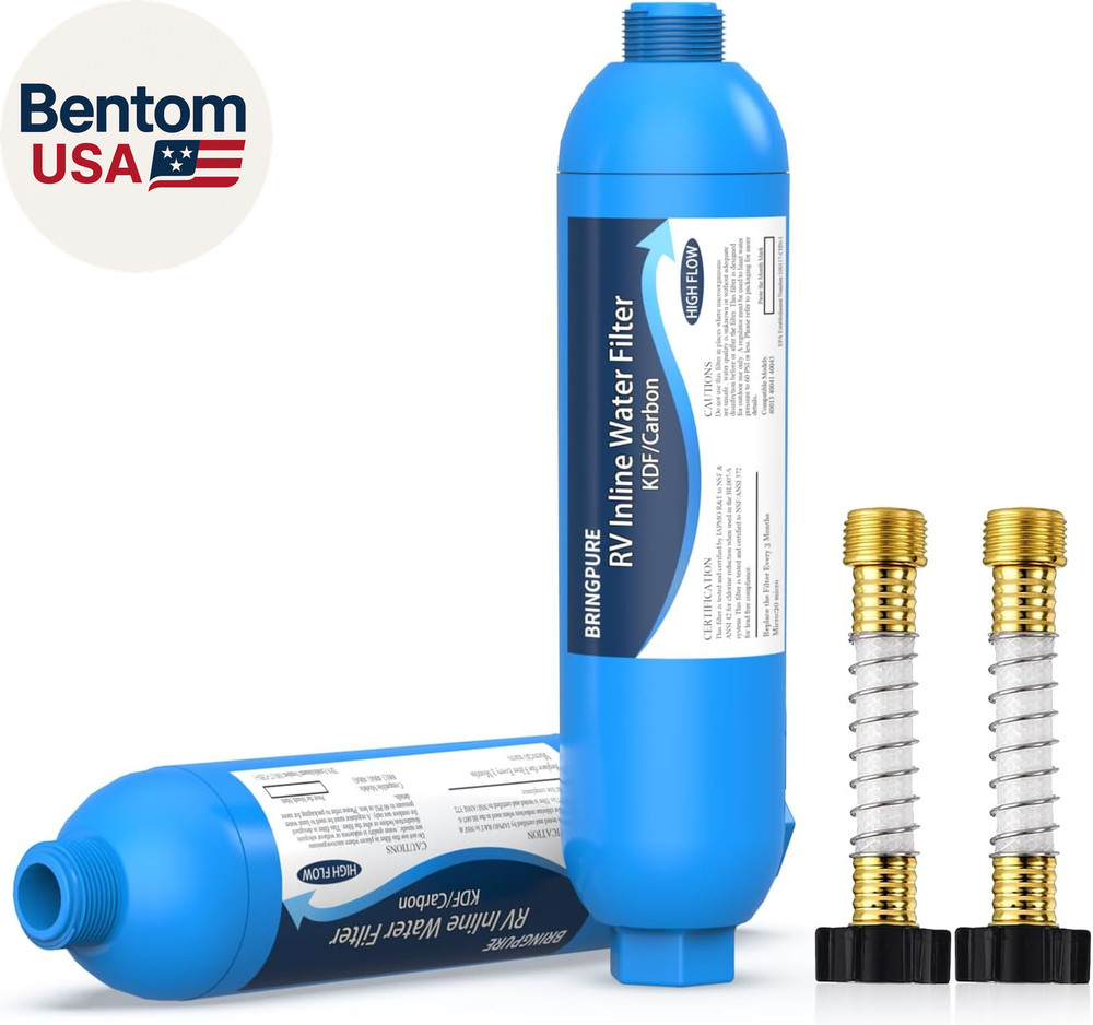RV Inline Water Filter with Flexible Hose Protector, NSF 42/372 Certified, Reduc