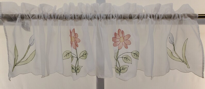Iris Airbrushed Hand Cutwork Floral Sheer Toppers Swag or Valance VINTAGE White gallery
