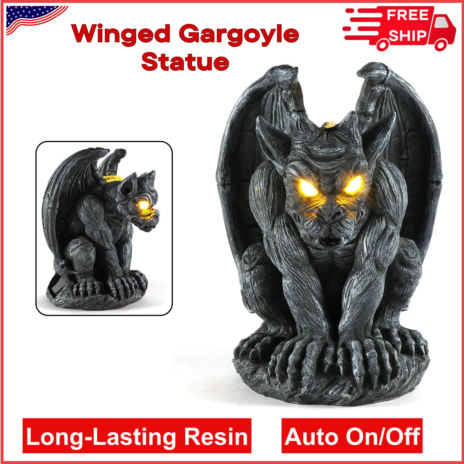 Large Winged Gargoyle Statue With Solar Lights For Outdoor Garden Decor Gothic gallery