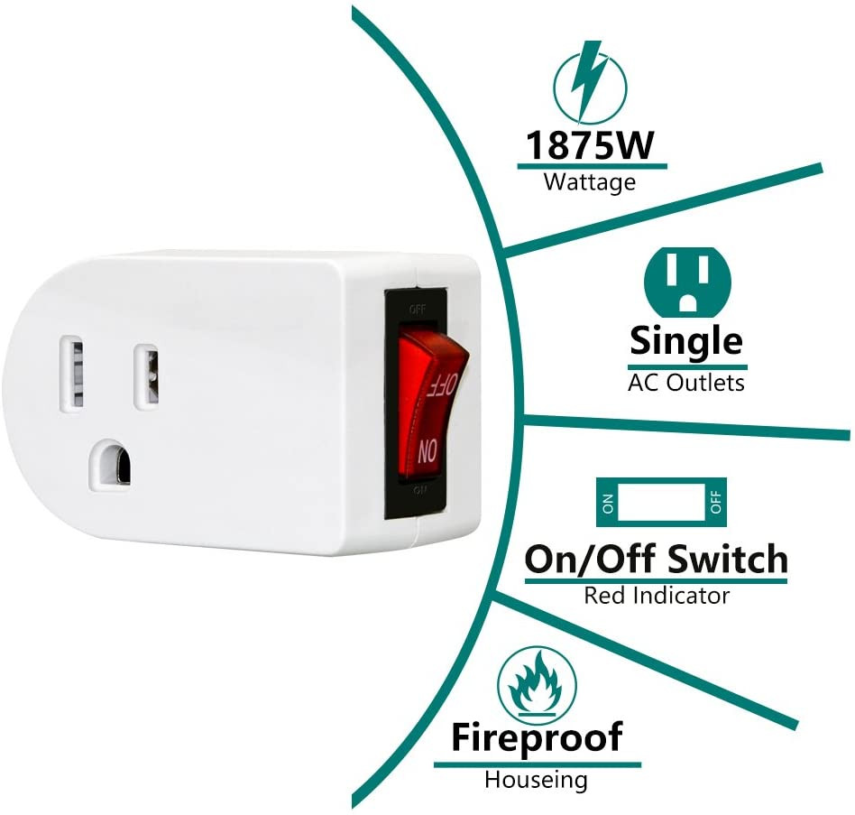 Grounded Outlet Adapter ETL Listed Wall Tap Adapter with Red Indicator On/Off gallery