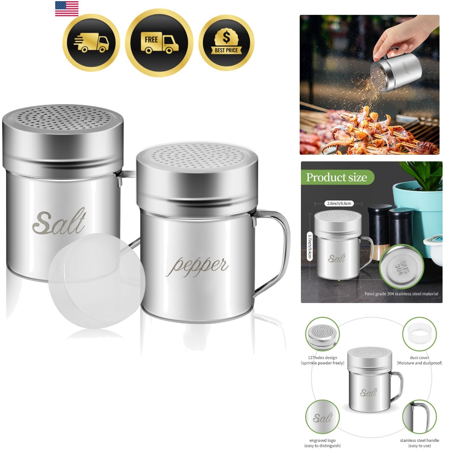 Stainless Steel Salt and Pepper Shakers Set, 10 OZ Seasoning Spice Shaker wit... gallery