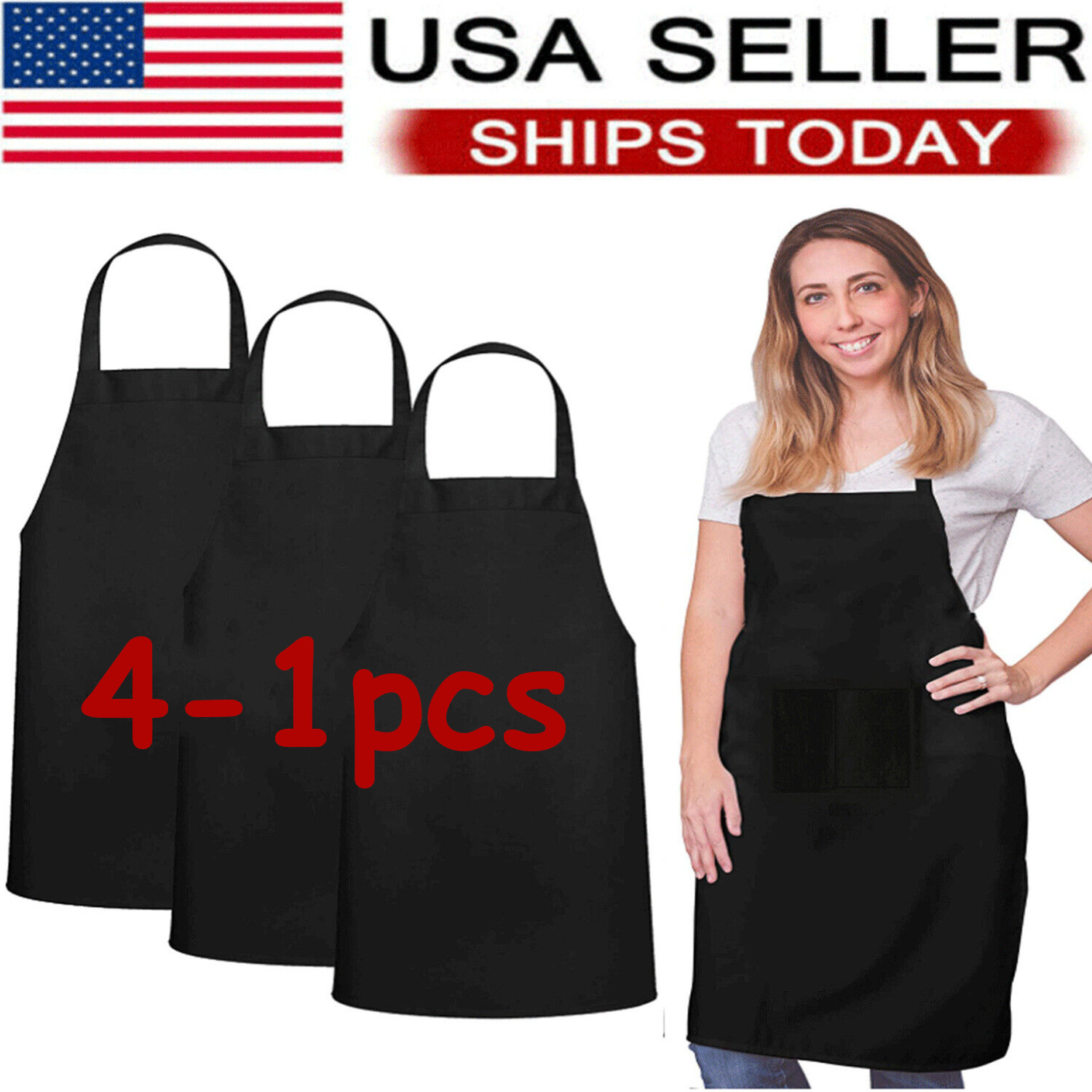 Solid Cooking Kitchen Restaurant Bib Apron Unisex Dress Black with 2 Pocket 1-4 gallery