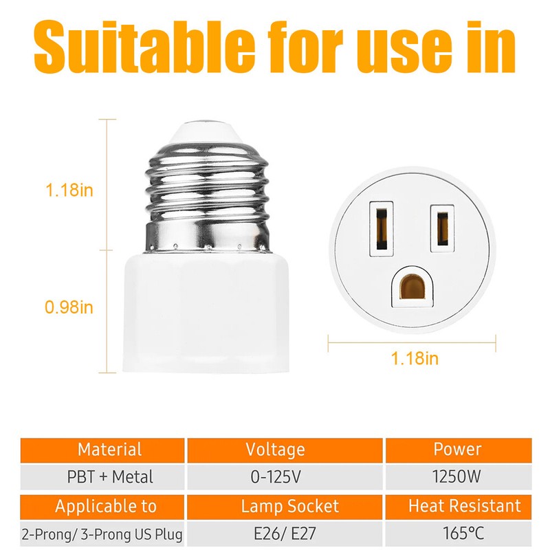 2 Pack E26/E27 2/3 Prong Light Socket to Plug Adapter Polarized Screw in Outlet gallery