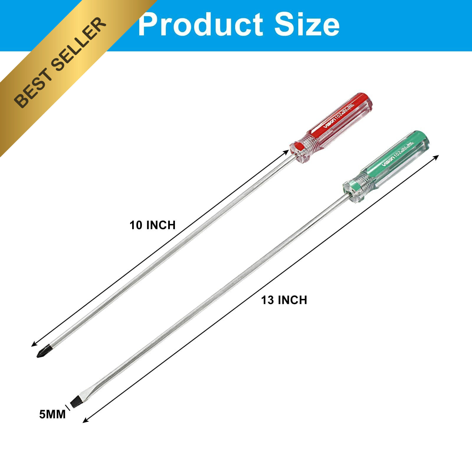 Hitefu 2Pcs 10 Inch Long Screwdriver Set Phillips Slotted Cross Flat Head 5mm Ti gallery