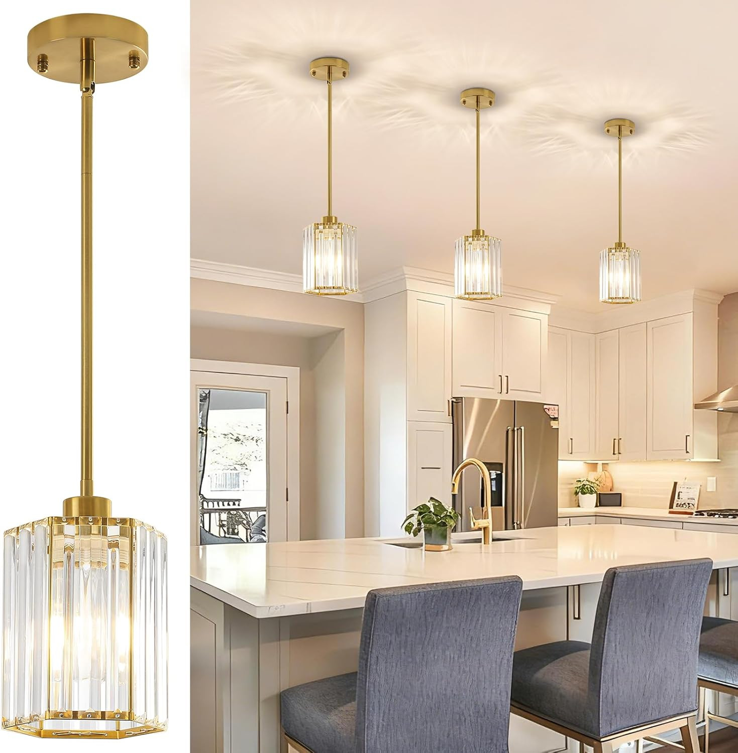 3 Pack Crystal Pendant Lights Kitchen Island, Modern Brushed Gold Kitchen Pendan gallery